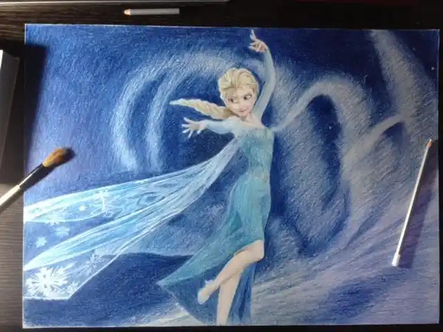 手绘 彩色素描 冰雪奇缘 艾尔莎 蓝色 雪花