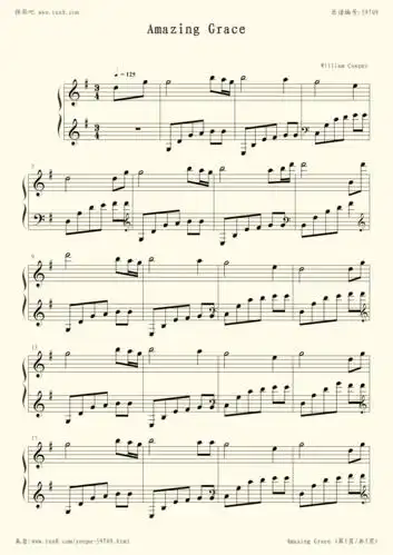 《奇异恩典,钢琴谱》威廉·科伯(五线谱 钢琴曲 指法)-弹吧|蛐蛐钢琴