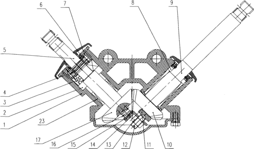 锥齿轮转向器装置,属于汽车转向器的技术领域,包括分别安装在壳体的第