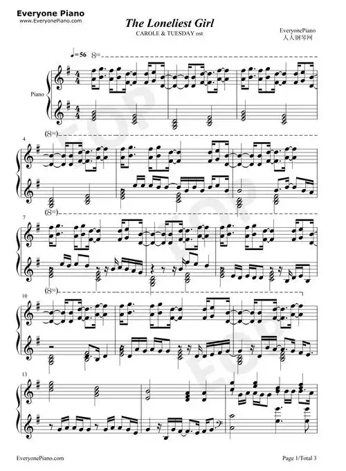 the loneliest girl-carole tuesday ost五线谱预览1