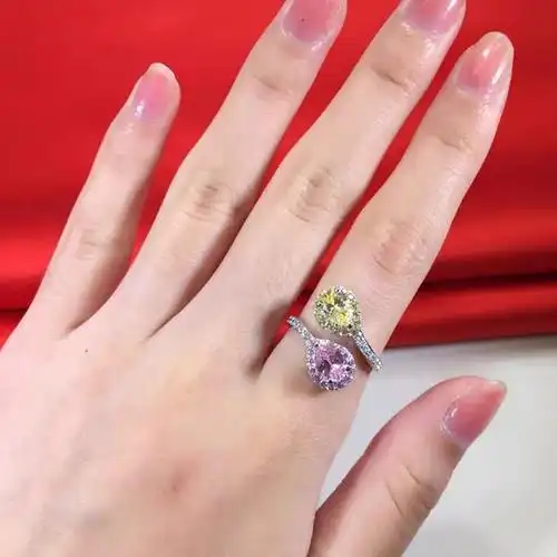 pt950铂金开口双钻戒指进口莫桑石粉黄钻指环戒指