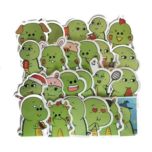 23张卡通可爱手账绿色小恐龙表情包笔记本行李箱滑板头盔水杯贴纸