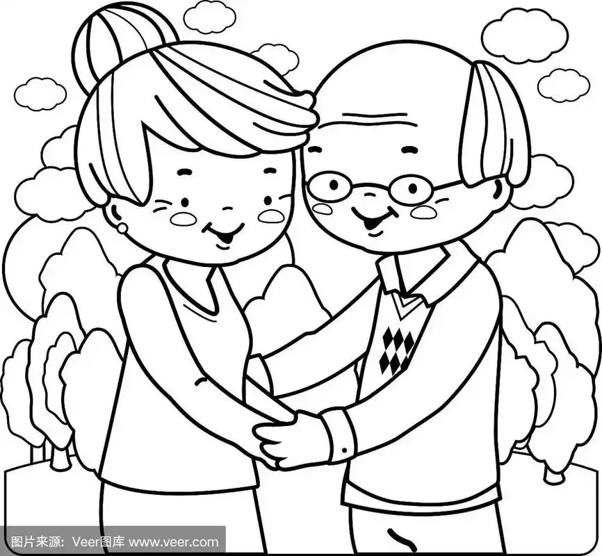 一对老年夫妇在公园里.彩色书页面