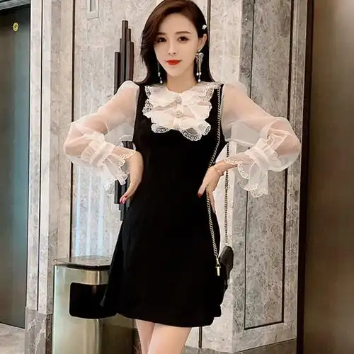 黄三怪-我的严选网 女装 名媛气质欧根纱娃娃领连衣裙法式复古宫廷裙