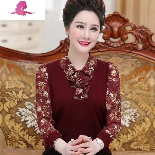艳如飞妈妈春装洋气上衣服中年妇女针织小衫50岁中老年女装春秋长袖