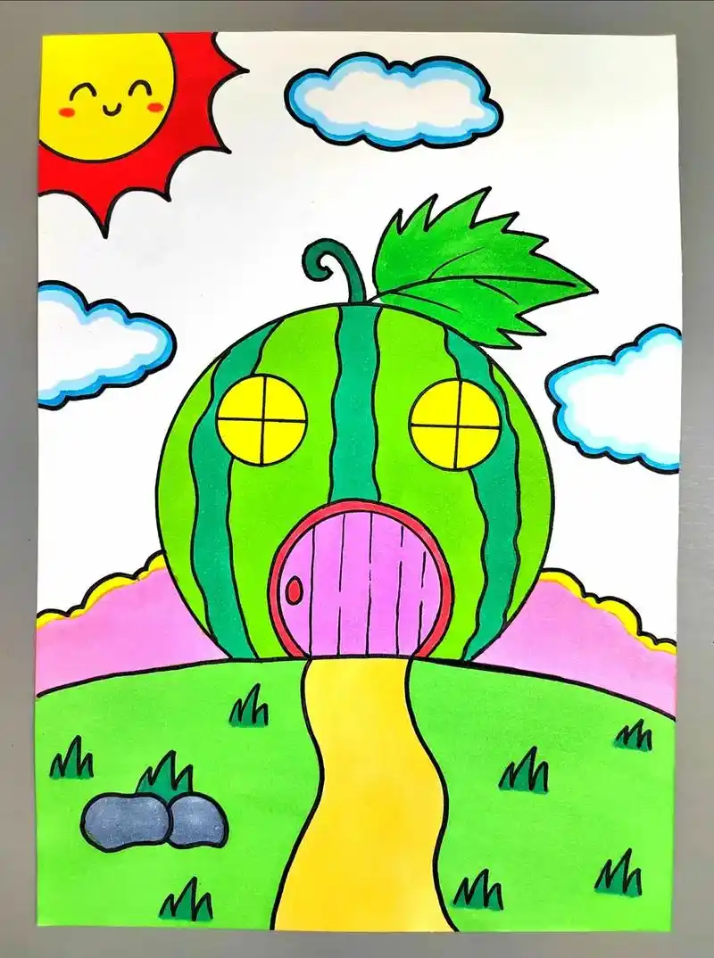 夏天到了,一起来画西瓜房子吧,简单又好看,快收藏起来和孩子一 - 抖音