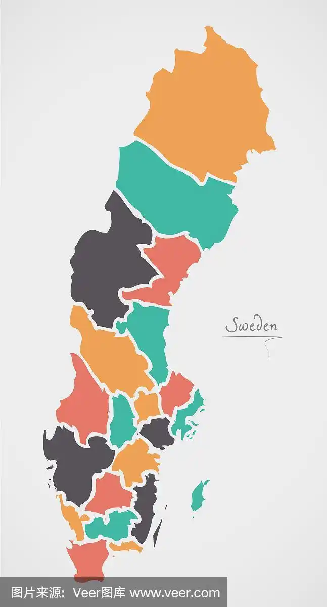 瑞典地图上有国家和现代的圆形形状