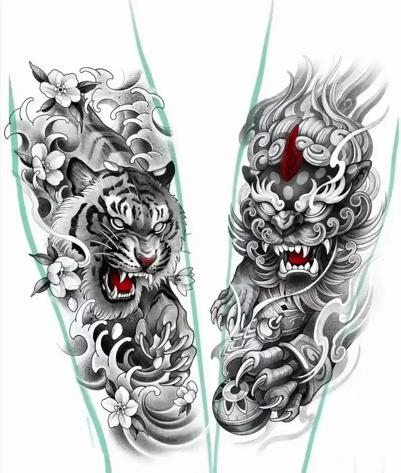 狮虎争锋手臂纹身素材