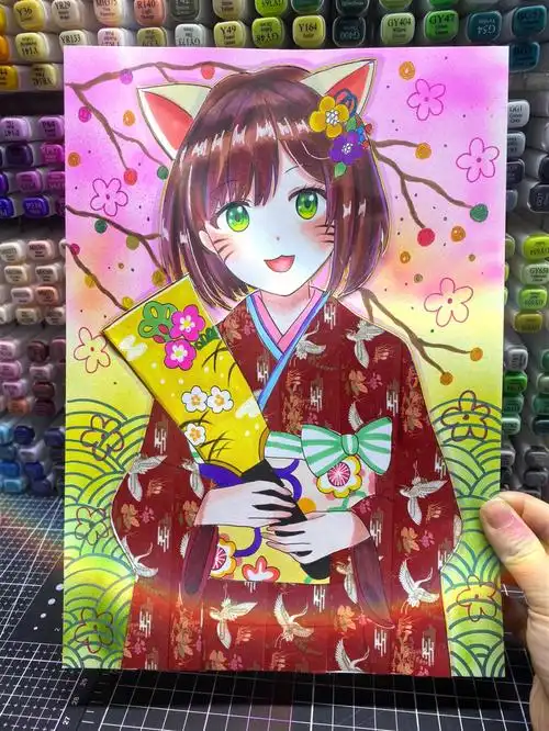 马克笔动漫绘画二次元和服女孩