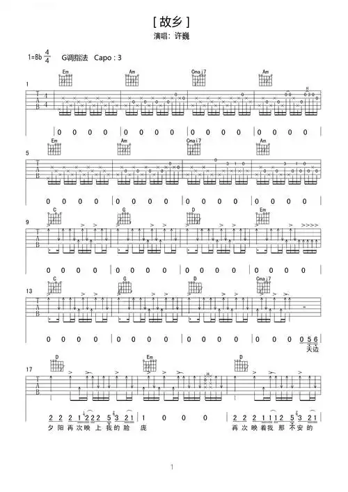 许巍《故乡》高清吉他谱分享_歌曲_人们_音乐