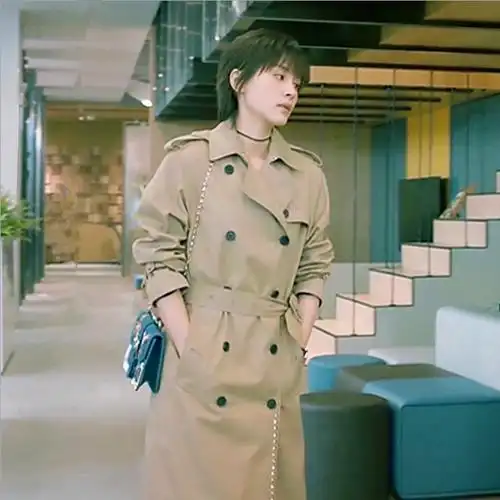 欢乐颂2曲筱绡明星王子文同款17秋修身中长款柳钉双排扣风衣外套