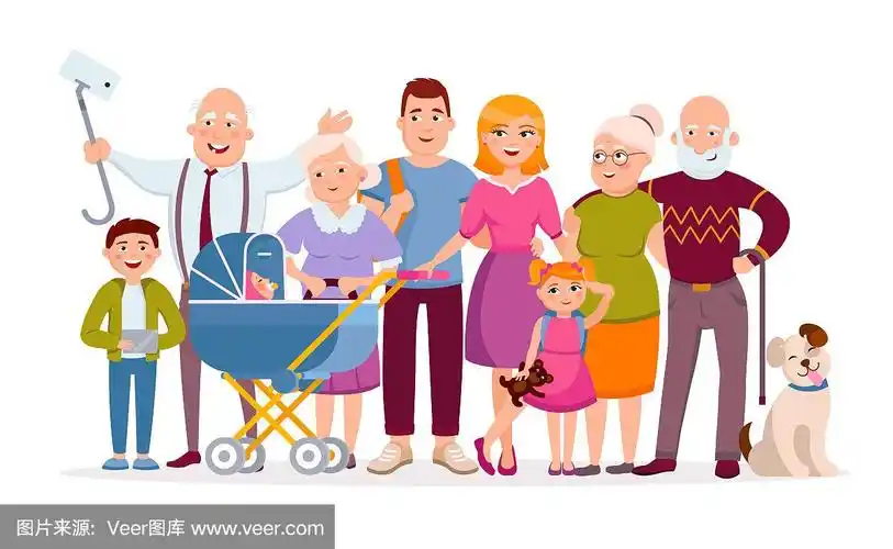 大家族站在一起作为一个家庭肖像卡通人物在矢量平面设计.