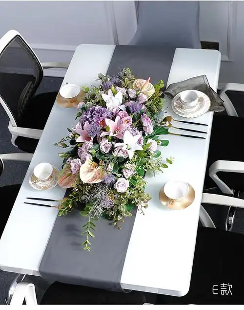 餐桌花摆花桌面西餐厅长桌仿真花假花酒店高档样板房现代装饰绢花
