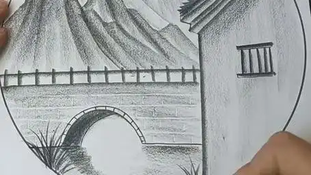 十几秒画小桥流水人家#零基础学画画 #炭笔画 #简笔画