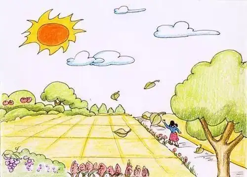 笔画彩图关键词秋天秋收稻谷小麦田野房屋绘画色彩秋天简笔画带颜色的