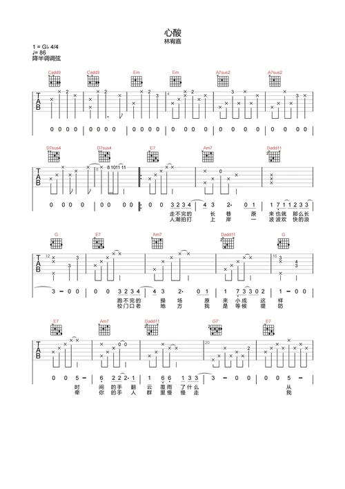 心酸吉他谱-林宥嘉-《心酸》a调原版弹唱六线谱