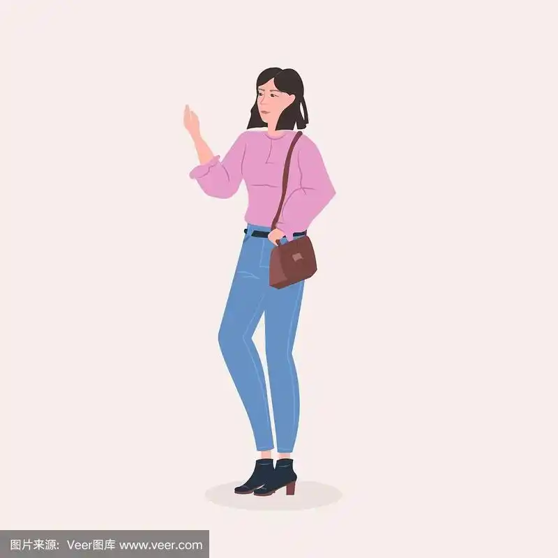 美丽的女人站姿女性卡通人物在时尚服装全长平