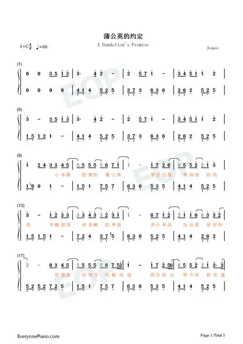 蒲公英的约定-超级简单版双手简谱预览1-钢琴谱文件(五线谱,双手简谱