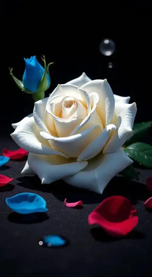 白玫瑰的坚韧与美丽 🌙 在这片深邃的黑夜里,一朵白玫瑰悄然绽放