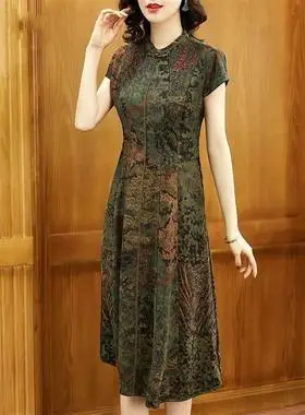 重磅真丝香云纱连衣裙女大码宽松高端妈妈夏装重工刺绣桑蚕丝裙子