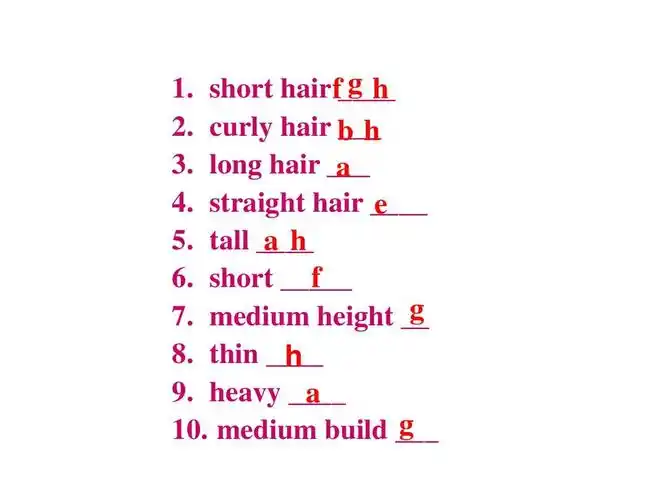 short hairf____ 2. curly hair b ___ h 3. long hair ___   4.