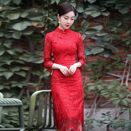 2020秋冬新款日常少女镂空蕾丝旗袍 改良宴会修身性感礼服旗袍裙