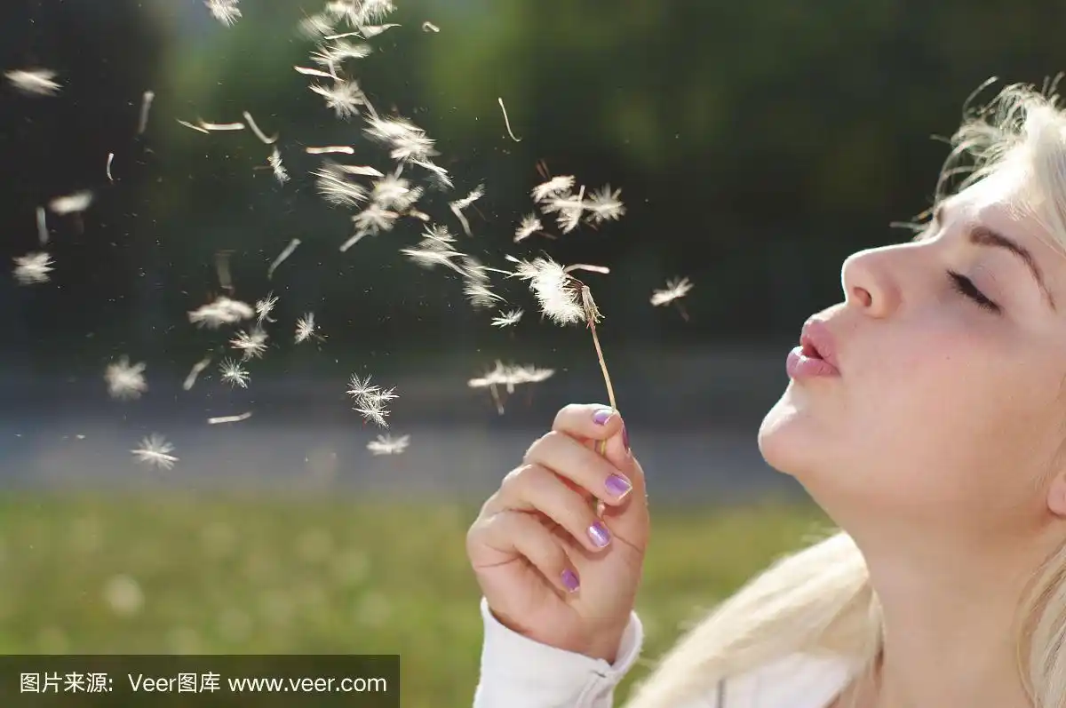美丽的金发女孩在户外吹蒲公英