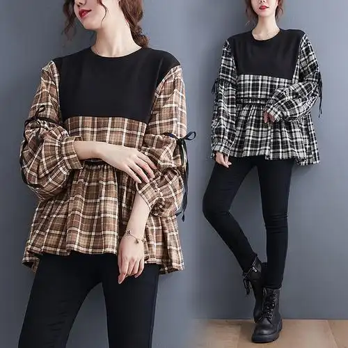 假两件衬衣女秋季胖mm大码女装格子拼接减龄娃娃衫上衣