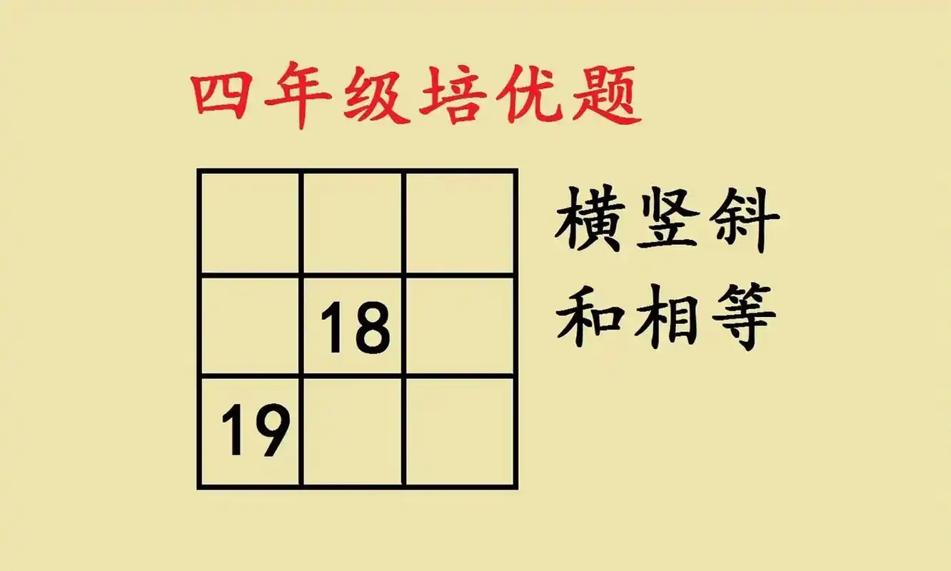 这是一道四年级数学题,要求在九宫格填上合适的数字,满足所有的横行竖