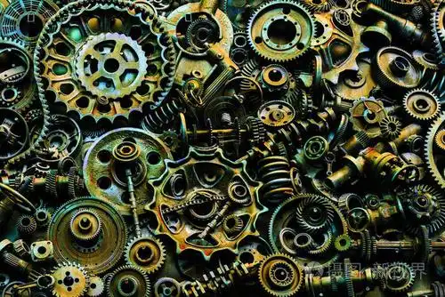 蒸汽朋克背景, 机器零件, 大型齿轮和链条从机器和拖拉机.