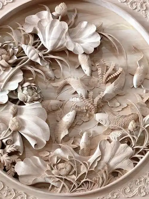 荷花鱼年年有余木雕背景手工深浮雕工艺