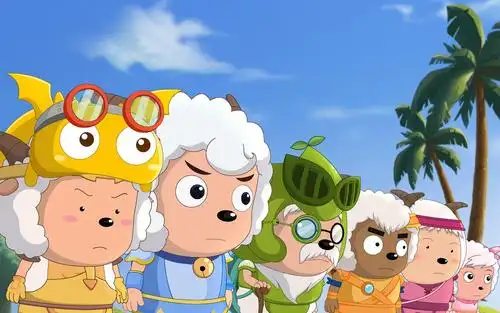 goat and wolf, sheeps are standing in a line