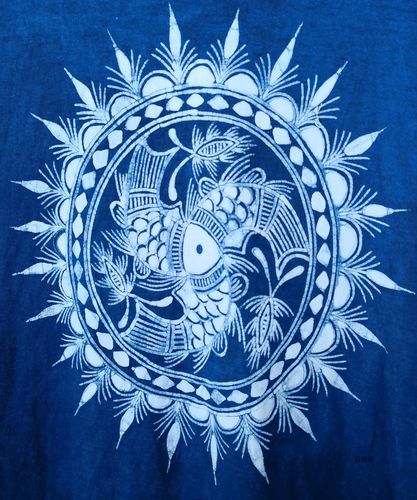 同头礼品非遗蓝染植物纯植鱼纹定制蓝靛蜡染t恤