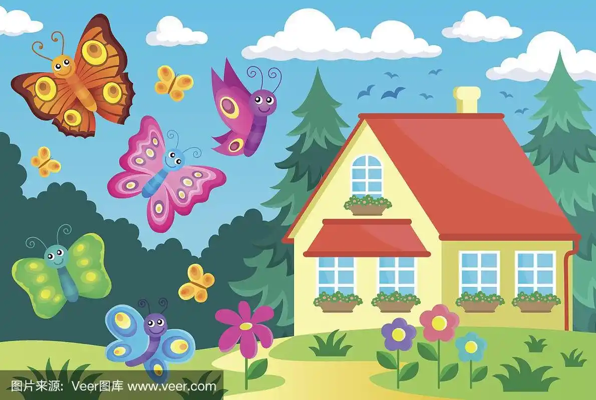 房子和快乐的蝴蝶