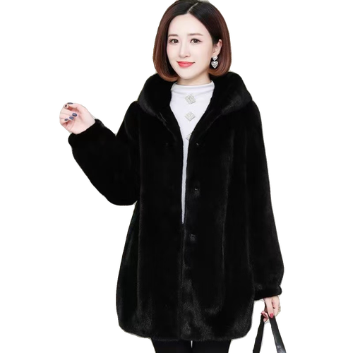海宁新款2023秋冬仿水貂绒大衣女连帽中长款皮草外套韩版貂皮大衣