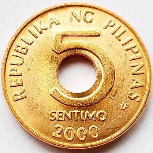 幸运环 菲律宾2000年5分中孔圆孔镀铜小硬币 15.5毫米 保真钱币