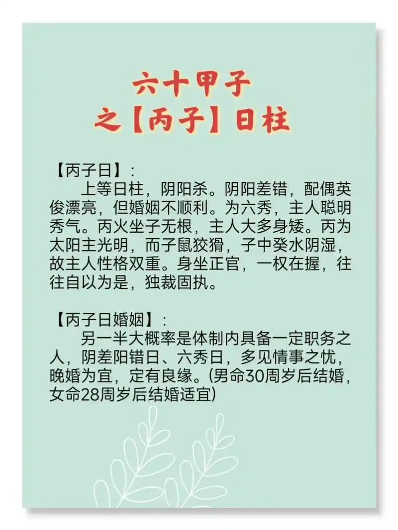 六十甲子之丙子日柱与婚配.#创作灵感  【丙子日】:     - 抖音