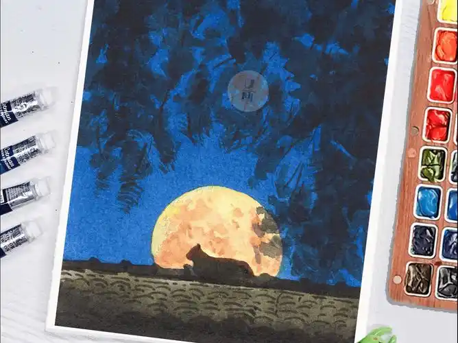 水彩风景·独自一猫赏月的猫猫(绘画教程)
