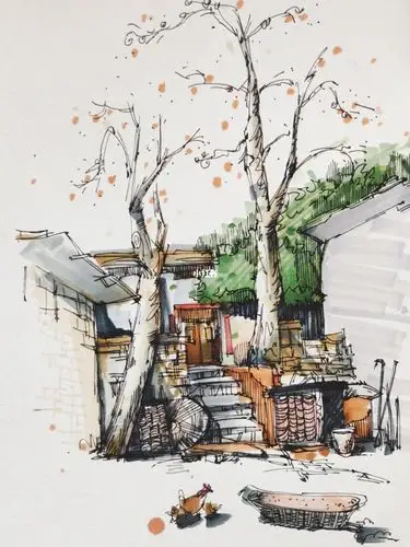 太行山马克笔风景附线稿