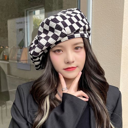ins小众棋盘格子贝雷帽女夏春秋复古百搭网红大头显脸小云朵帽子