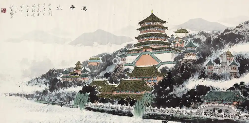 谭大鹏万寿山镜片纸本