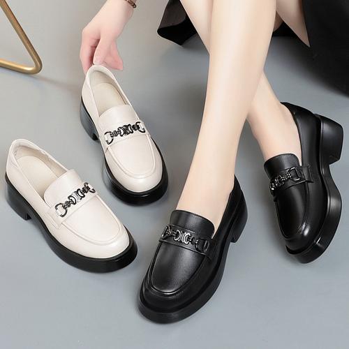 真皮软底厚底乐福鞋女鞋吉尔达新款百搭粗跟单鞋宽头小皮鞋工作鞋