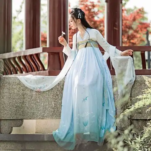汉服古装 女新款 演出日常穿女齐胸襦裙带披帛套装 改良仙女裙仙气 -