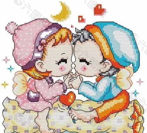 两个情侣亲亲十字绣
