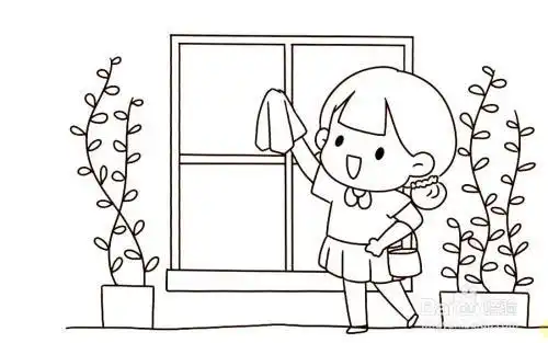 女孩擦玻璃简笔画