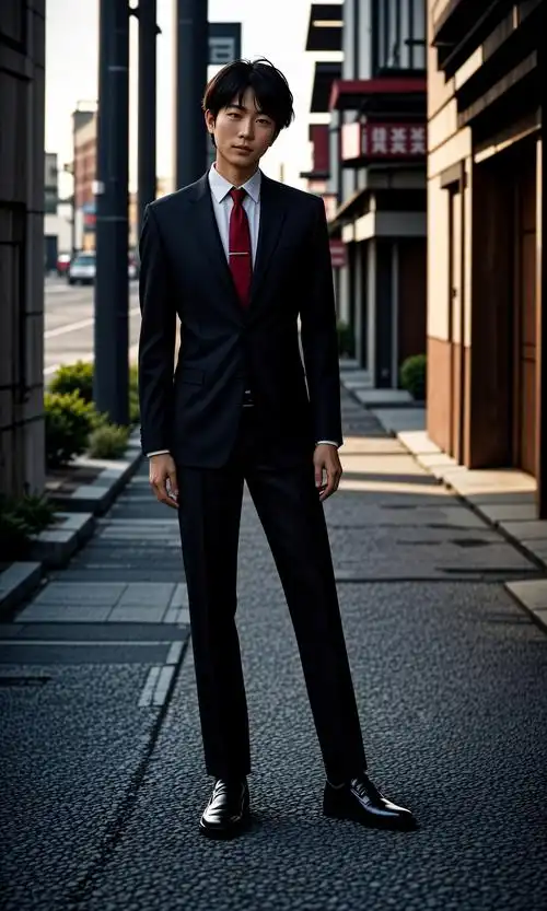 在繁忙都市的一角,一位穿着笔挺深色西装的绅士静坐在建筑的石阶上