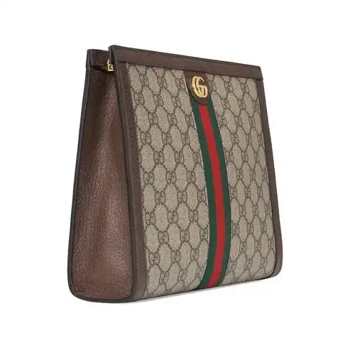 gucci古驰经典ophidia系列老花拼接棕色皮革红绿织带男士手拿包