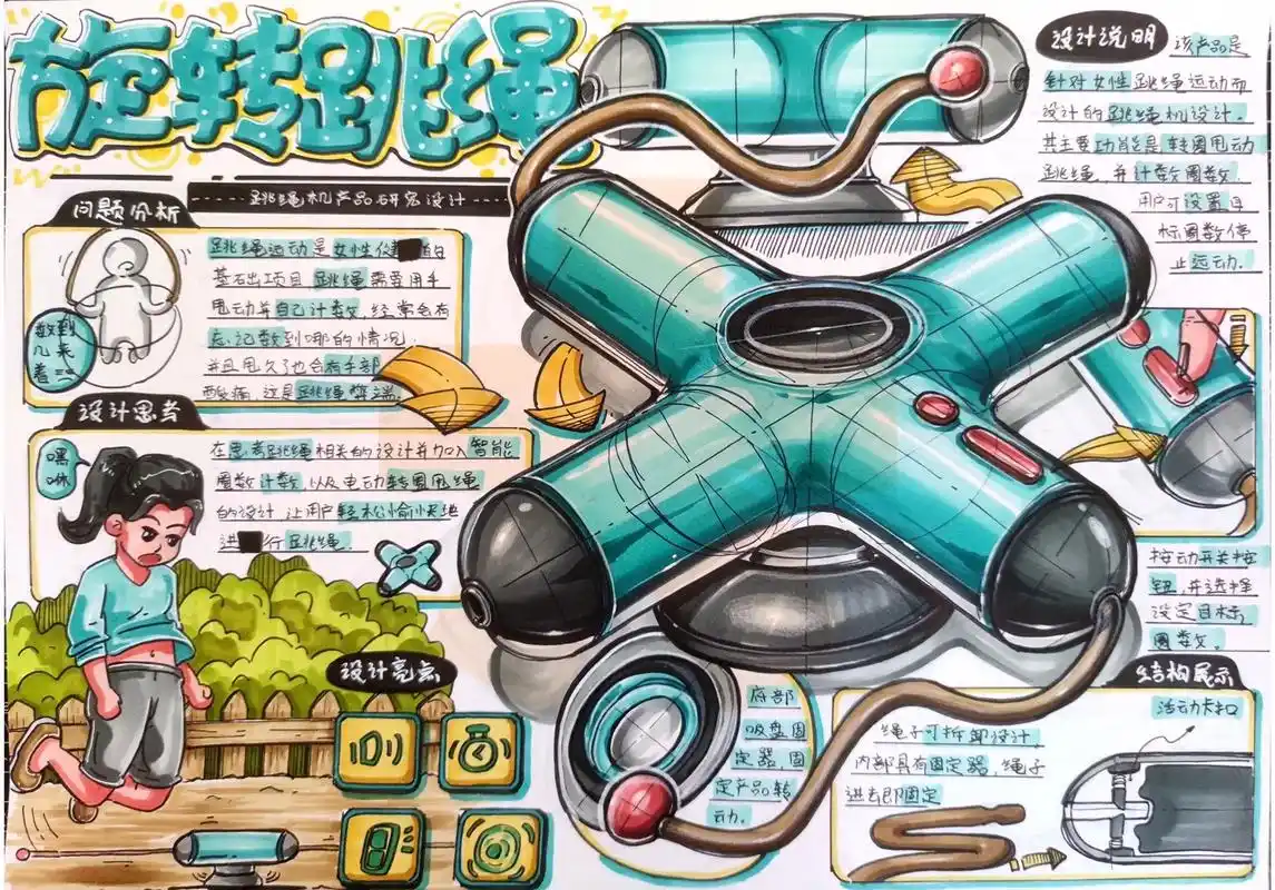 工业设计手绘|旋转跳绳产品设计.#产品设计手绘 #马克笔手绘 - 抖音