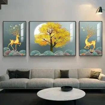 发财福鹿客厅装饰画简约现代三联挂画墙画欧式轻奢沙发背景墙壁画