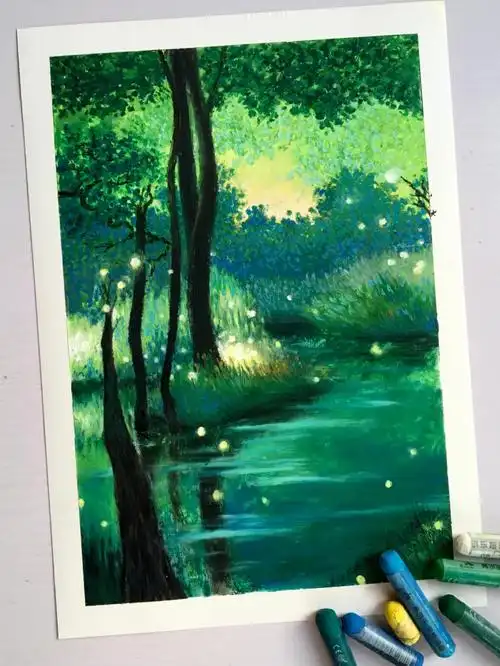 油画棒绘画夜里的小树林附过程